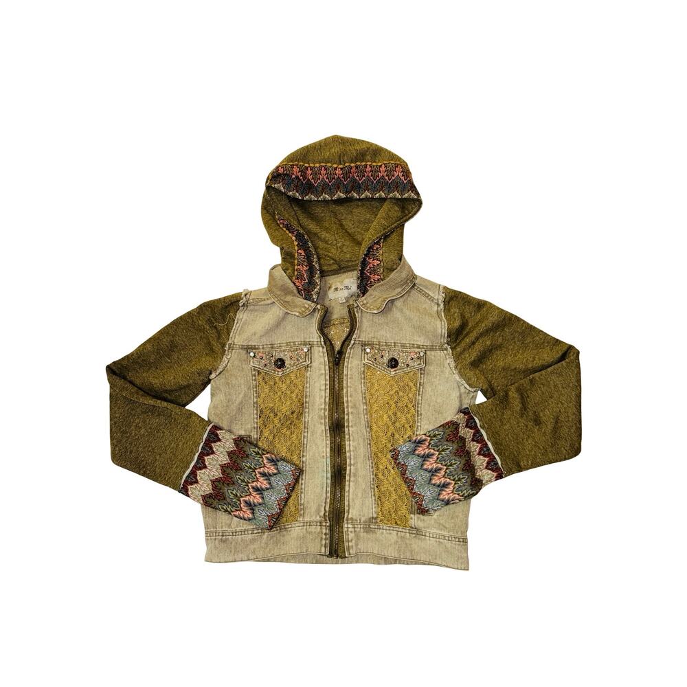 Miss Me Green Denim Mixed Media Jacket Large Sweatshirt Sleeve Patterned